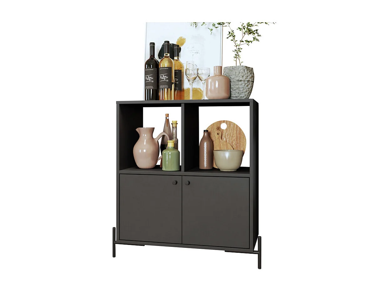 Buffet Armoire 2 Portes 4 Niches Noir sur PIeds Métal Ronds L 74.5 H 79 P 35 cm