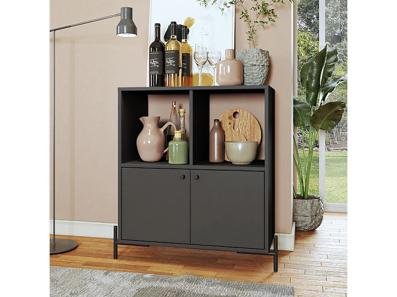 Buffet Armoire 2 Portes 4 Niches Noir sur PIeds Métal Ronds L 74.5 H 79 P 35 cm
