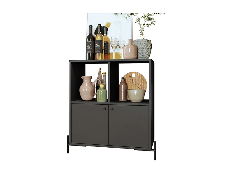 Buffet Armoire 2 Portes 4 Niches Noir sur PIeds Métal Ronds L 74.5 H 79 P 35 cm