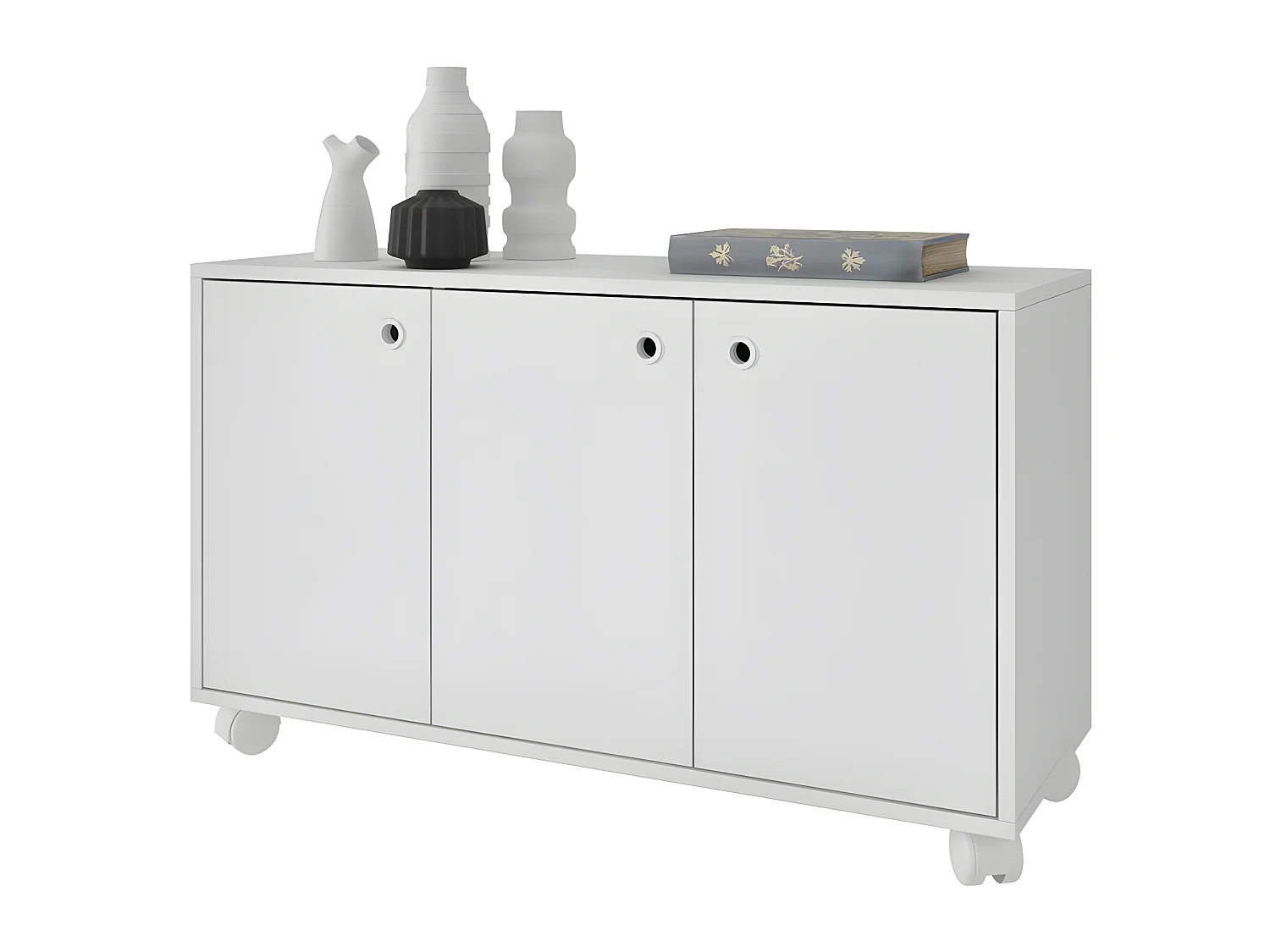 Buffet Meuble de Rangement Blanc 3 Portes sur Roulettes