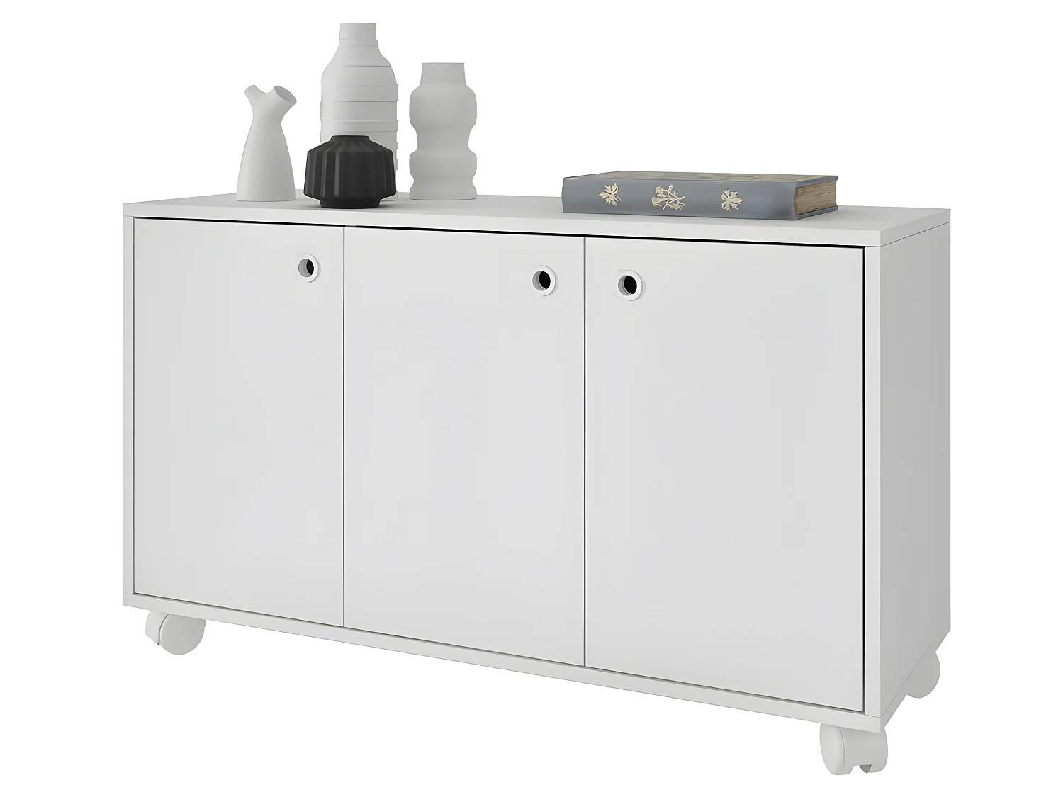 Buffet Meuble de Rangement Blanc 3 Portes sur Roulettes