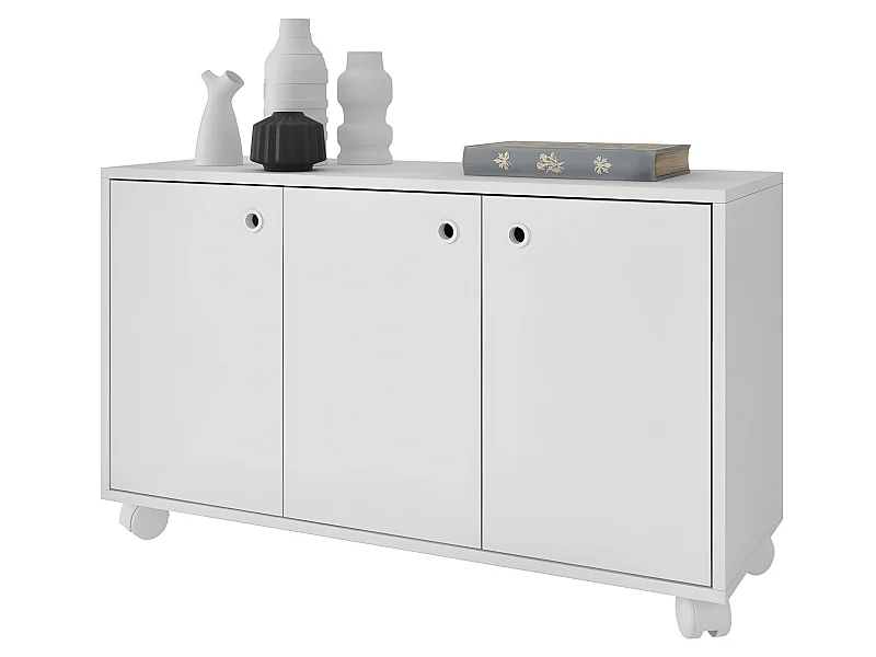Buffet Meuble de Rangement Blanc 3 Portes sur Roulettes
