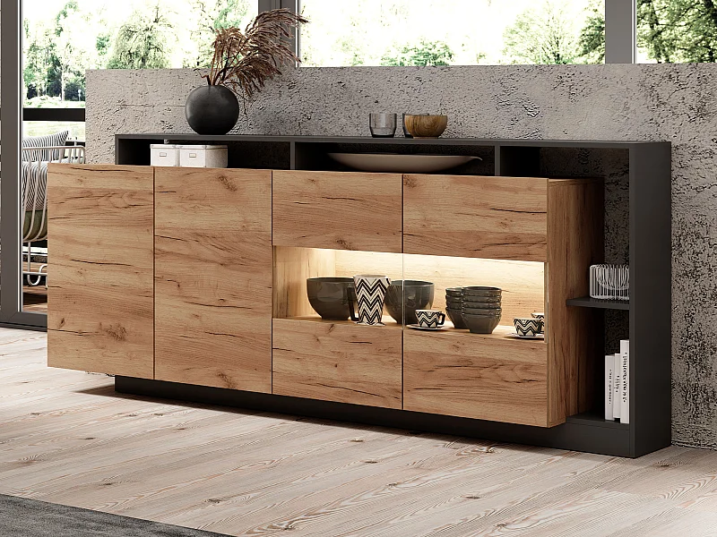 Buffet 4 portes et 4 niches avec LEDs - Naturel clair et Anthracite - IDESIA