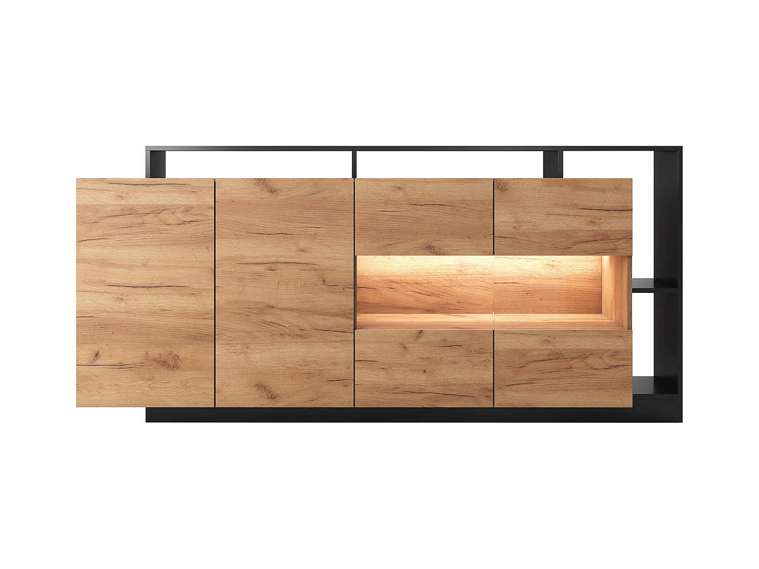 Sideboard mit 4 Türen & 4 Ablagefächern - Mit LED-Beleuchtung - Holzfarben hell & Anthrazit - IDESIA