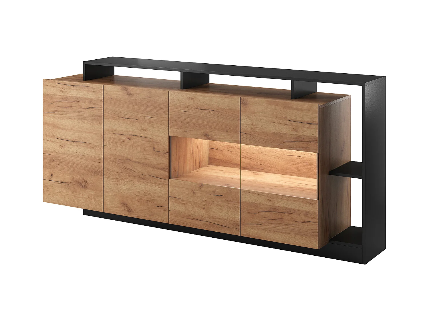 Sideboard mit 4 Türen & 4 Ablagefächern - Mit LED-Beleuchtung - Holzfarben hell & Anthrazit - IDESIA