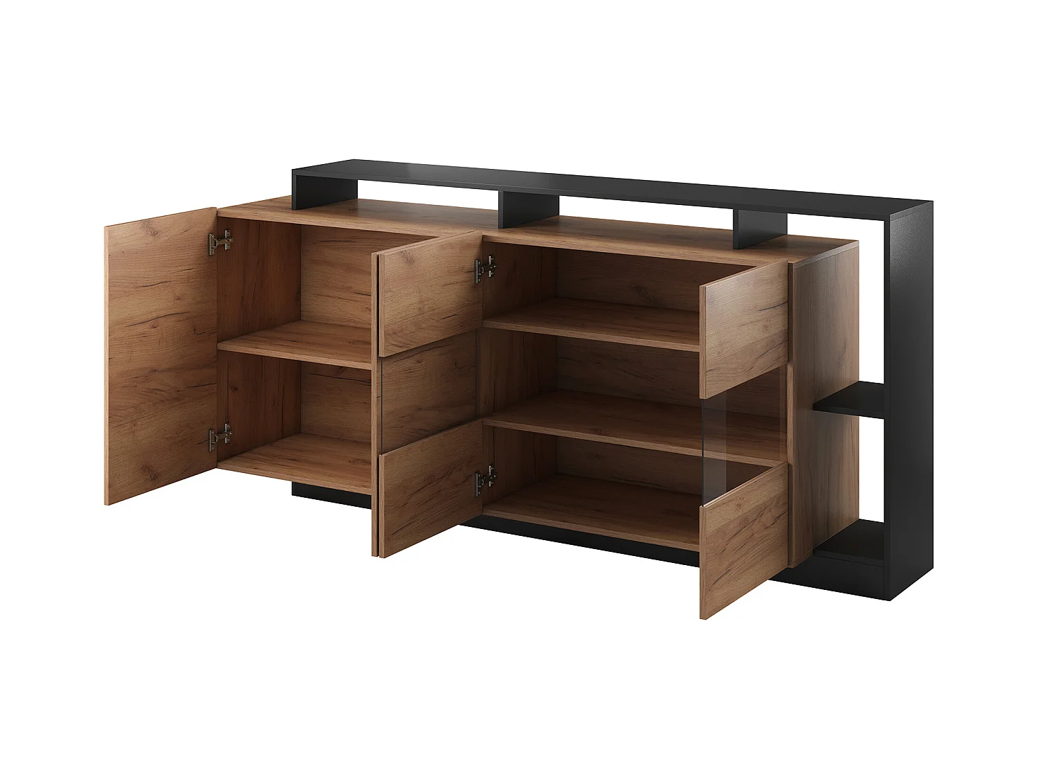 Sideboard mit 4 Türen & 4 Ablagefächern - Mit LED-Beleuchtung - Holzfarben hell & Anthrazit - IDESIA
