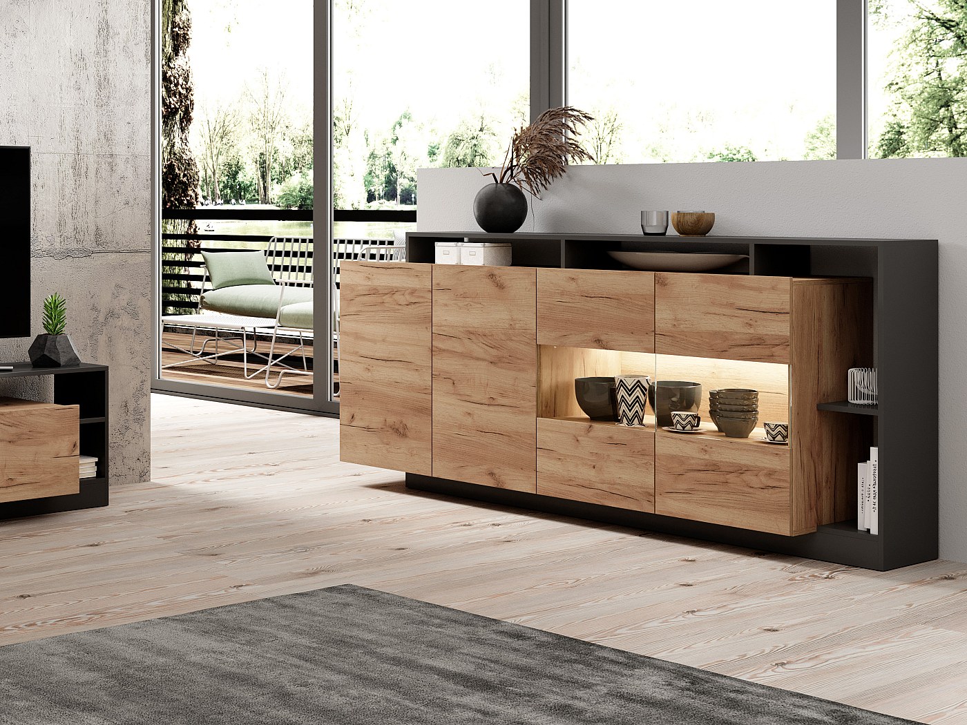 IDMarket Buffet 4 Portes 140 Cm Dayton - Effet Vieilli Design Industriel - Niche Centrale