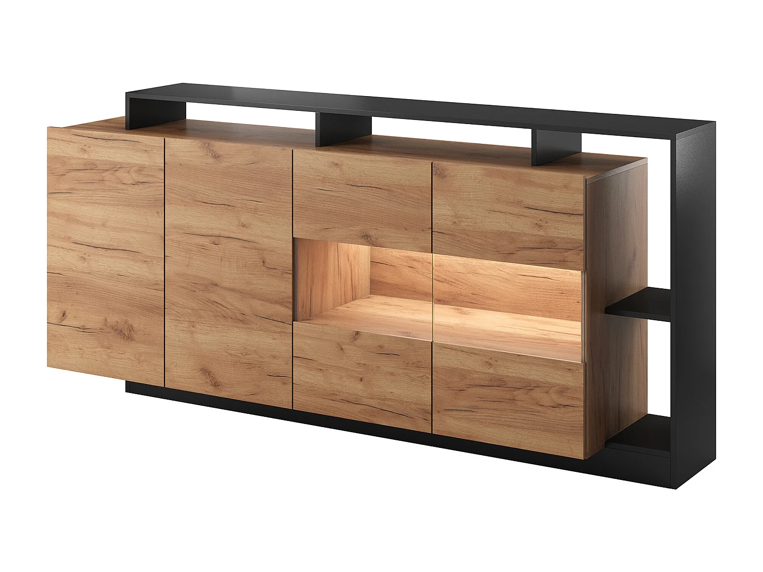 Credenza 4 ante e 4 nicchie con LED Naturale chiaro e Antracite - IDESIA
