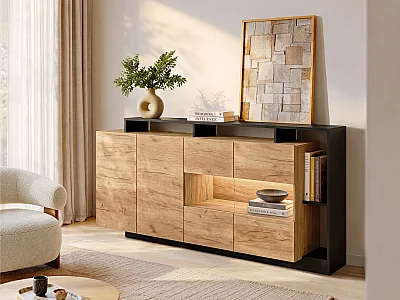 Buffet 4 portes et 4 niches avec LEDs - Naturel clair et Anthracite - IDESIA