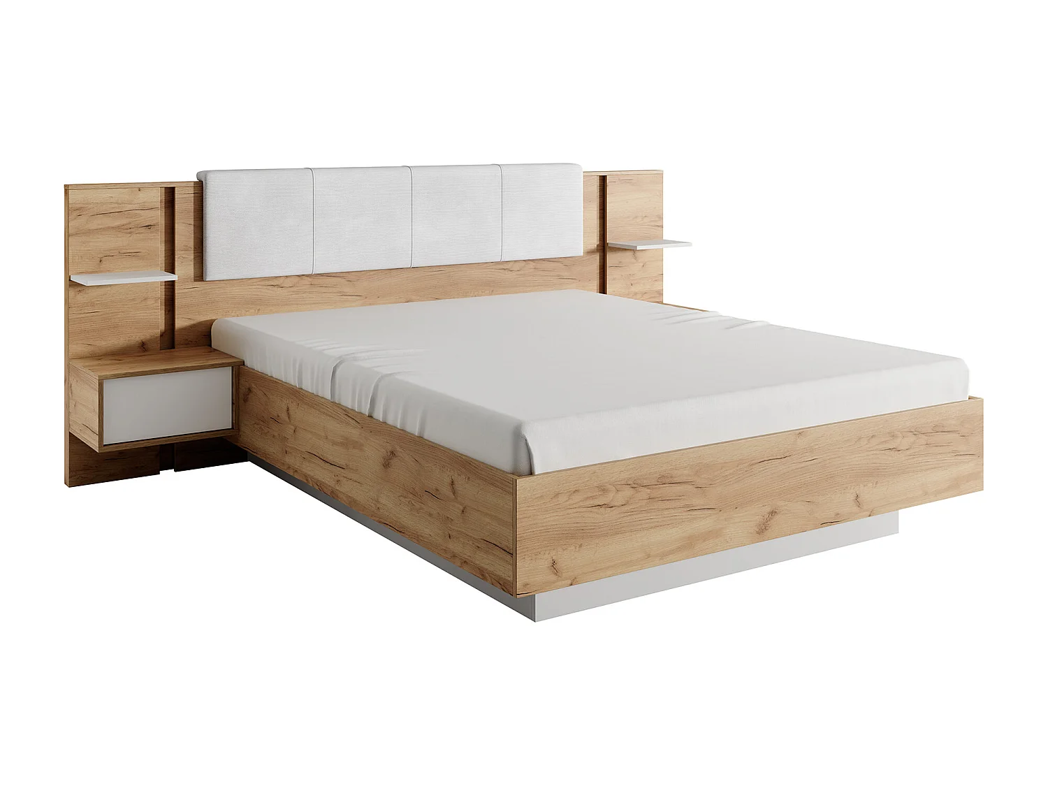 Cama com mesas de cabeceira 160x200 cm, com LEDS, cor natural e branco - ELYNIA