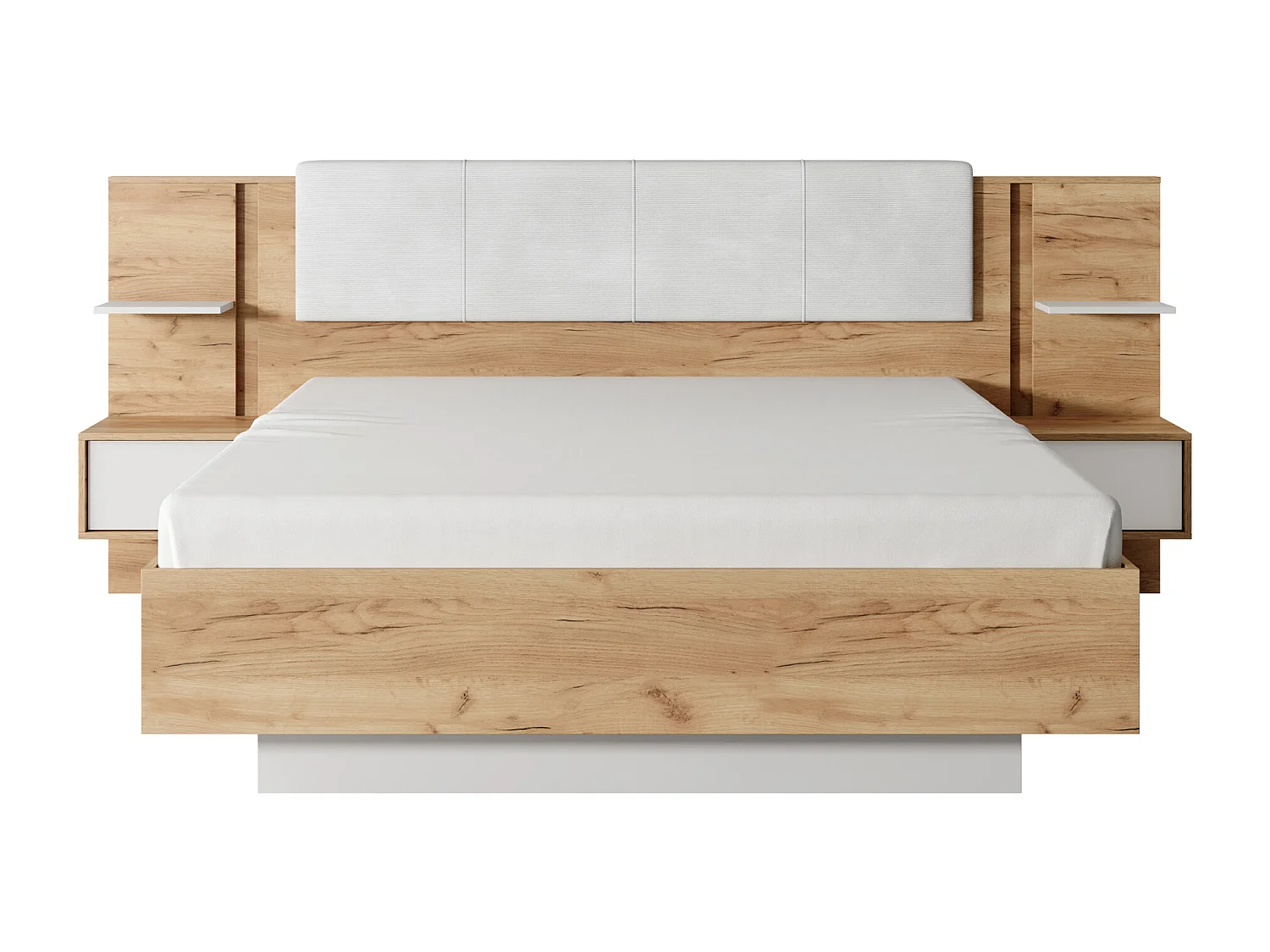 Cama com mesas de cabeceira 160x200 cm, com LEDS, cor natural e branco - ELYNIA