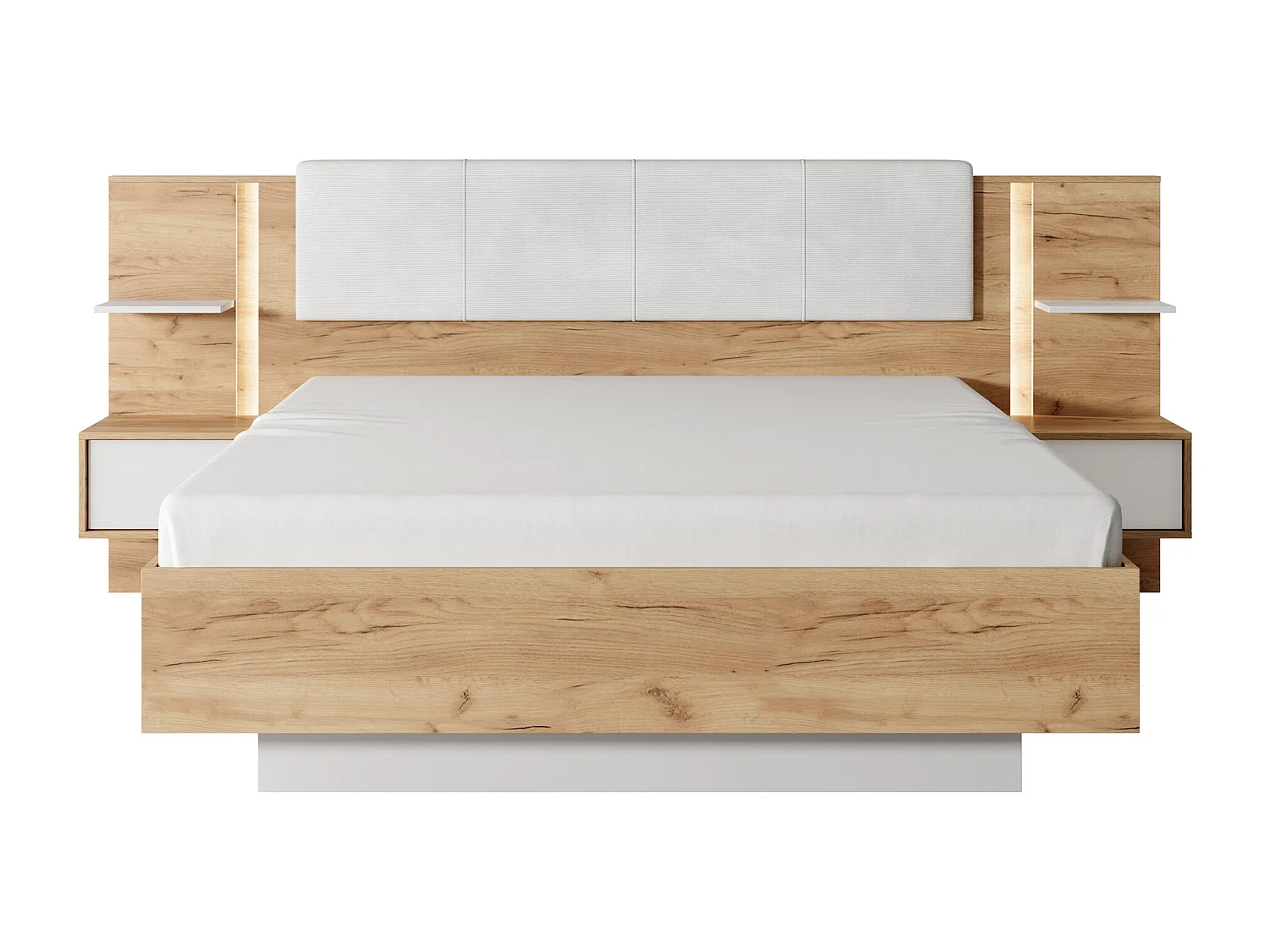 Cama com mesas de cabeceira 160x200 cm, com LEDS, cor natural e branco - ELYNIA