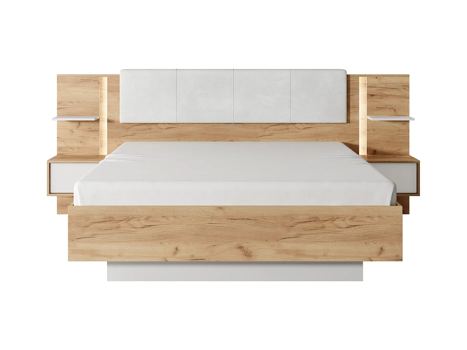 Bed met nachtkastjes 160 x 200 cm - Met ledverlichting - Kleur: houtlook en wit - ELYNIA