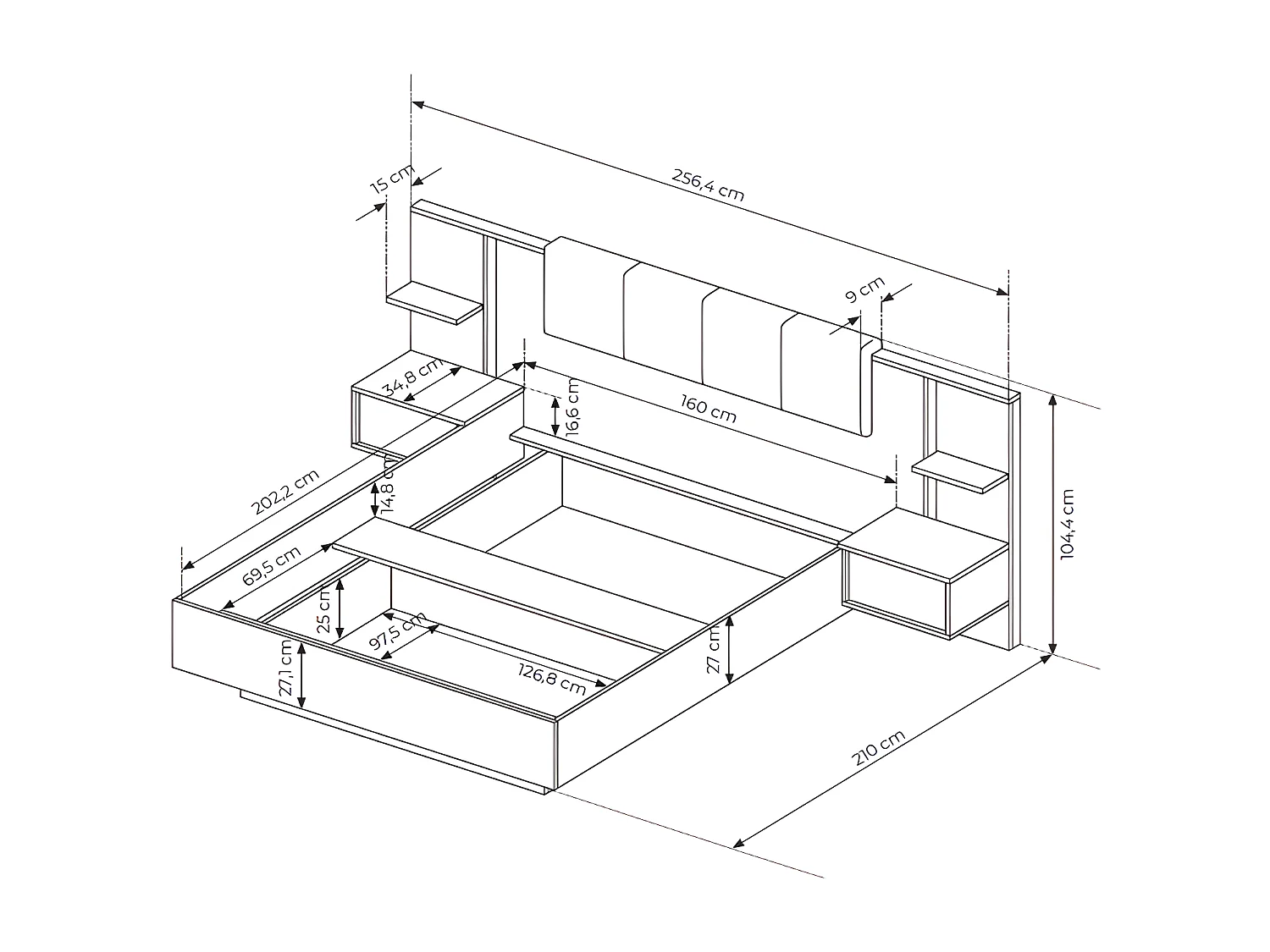 Cama com mesas de cabeceira 160x200 cm, com LEDS, cor natural e branco - ELYNIA