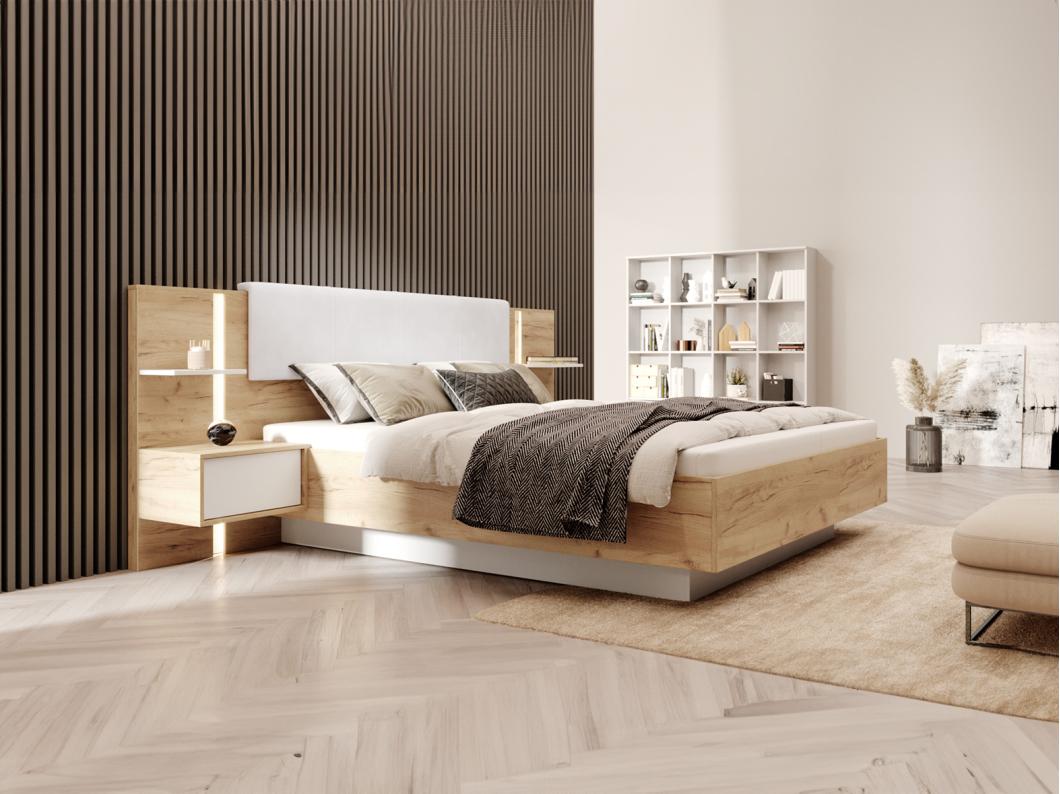 Cama con mesas de noche 160 x 200 cm - Con luces LED - Color: Natural y blanco - ELYNIA