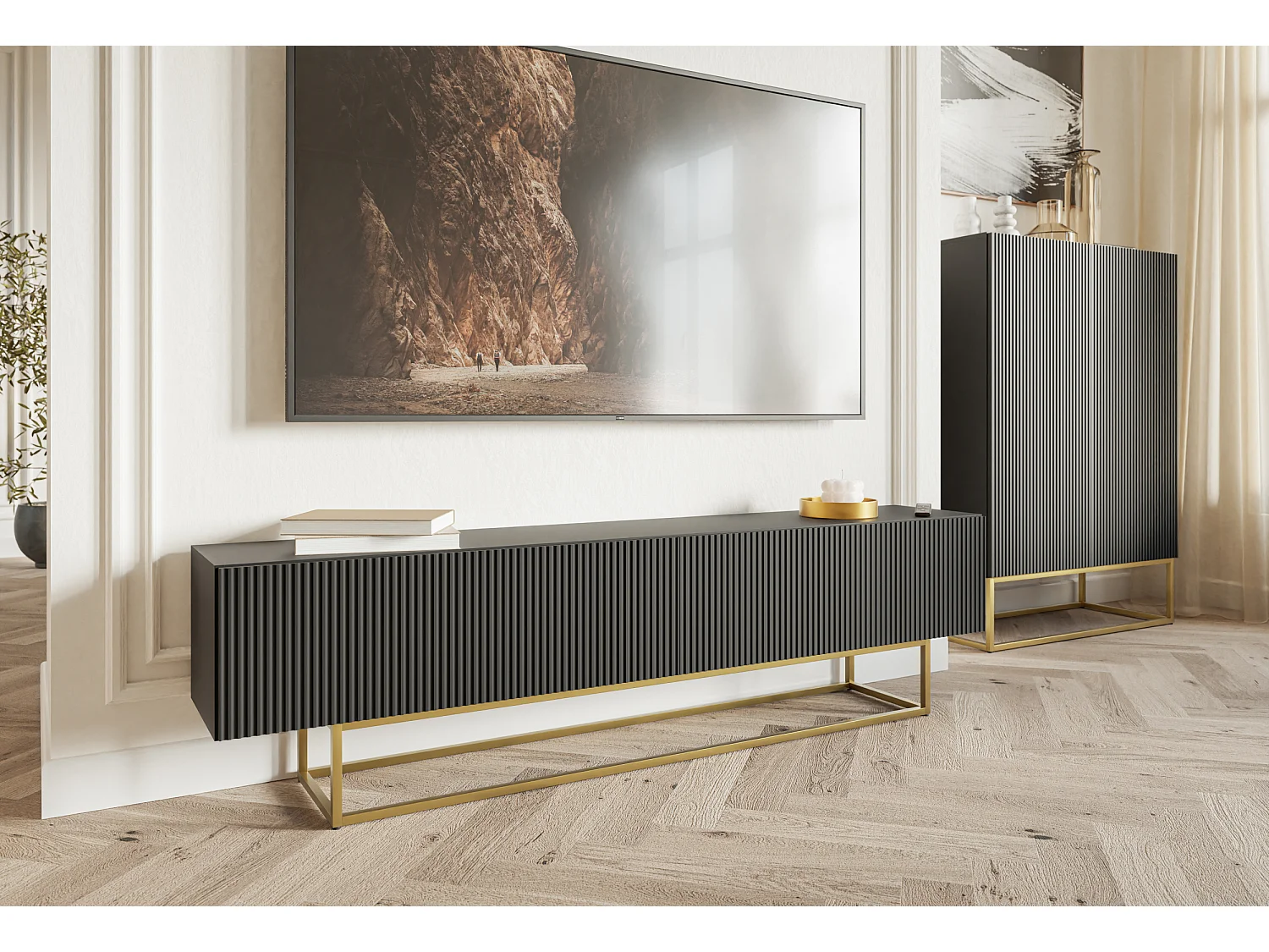 Meuble TV - 175 cm - noir sur pieds dorés - VELDIO