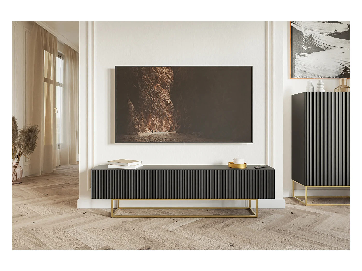 Meuble TV - 175 cm - noir sur pieds dorés - VELDIO
