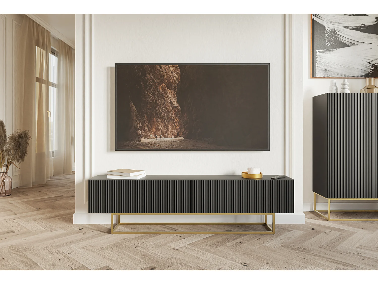 TV-meubel - 175 cm - zwart op gouden poten - VELDIO