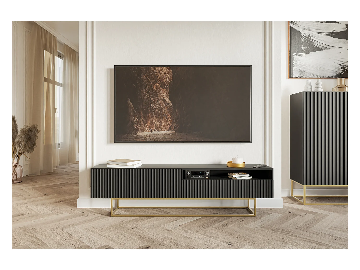 Meuble TV avec niche - 175 cm - noir sur pieds dorés - VELDIO