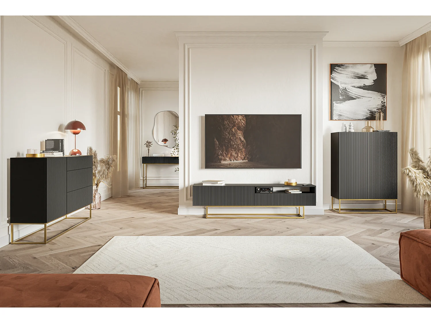 TV-Schrank mit Nische - 175 cm - Schwarz auf goldenen Beinen - VELDIO