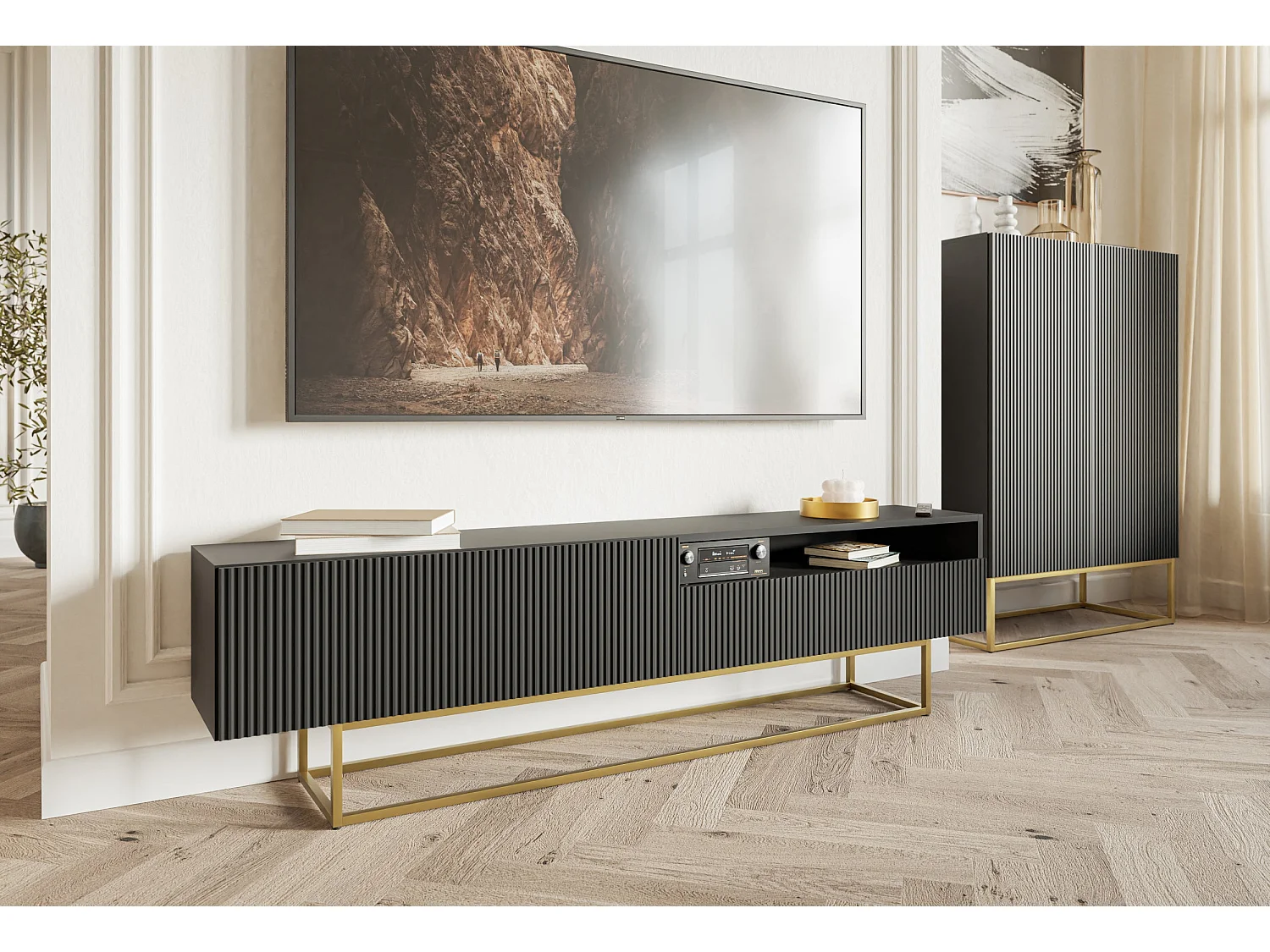 TV-meubel met nis - 175 cm - zwart op gouden poten - VELDIO