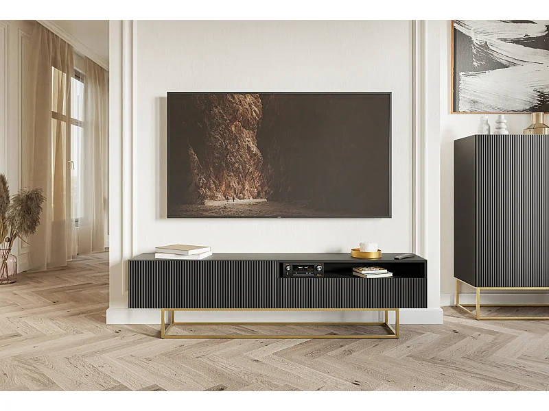 Mobile TV con nicchia - 175 cm - nero su gambe dorate - VELDIO