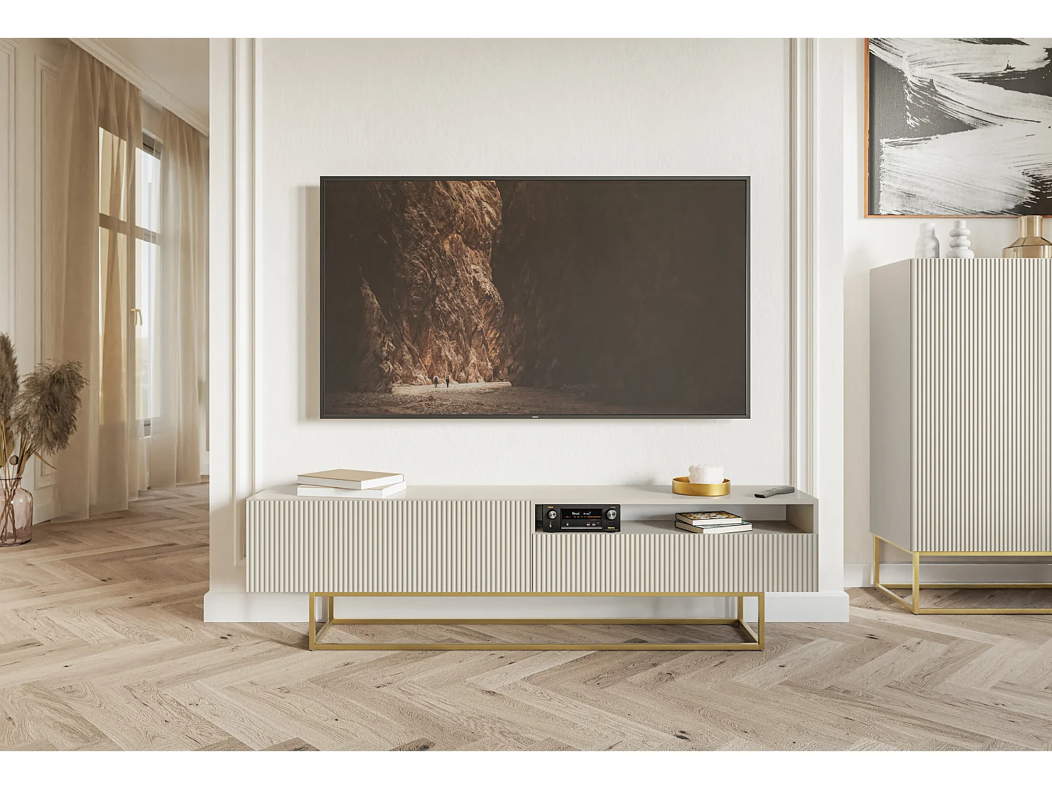 Mueble TV - con patas de metal dorado - 175 cm - taupe (gris-beige) - VELDIO