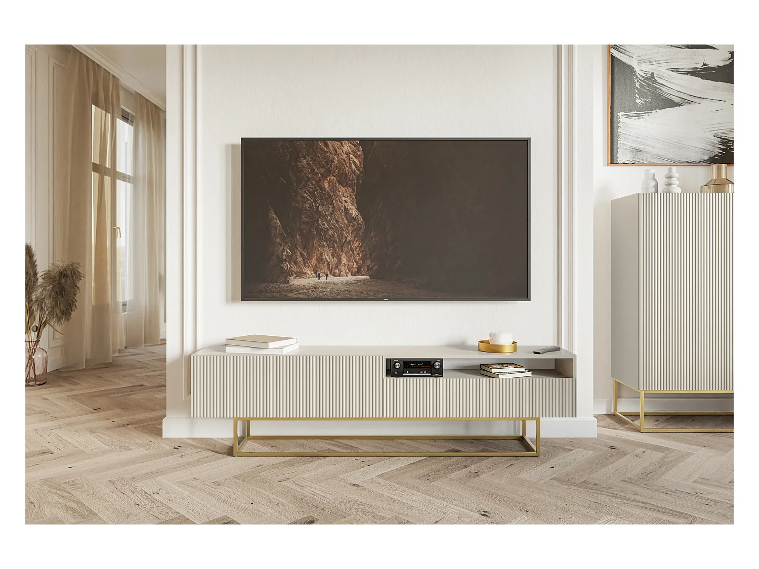 Meuble TV avec niche - 175 cm - taupe (gris-beige) sur pieds dorés - VELDIO