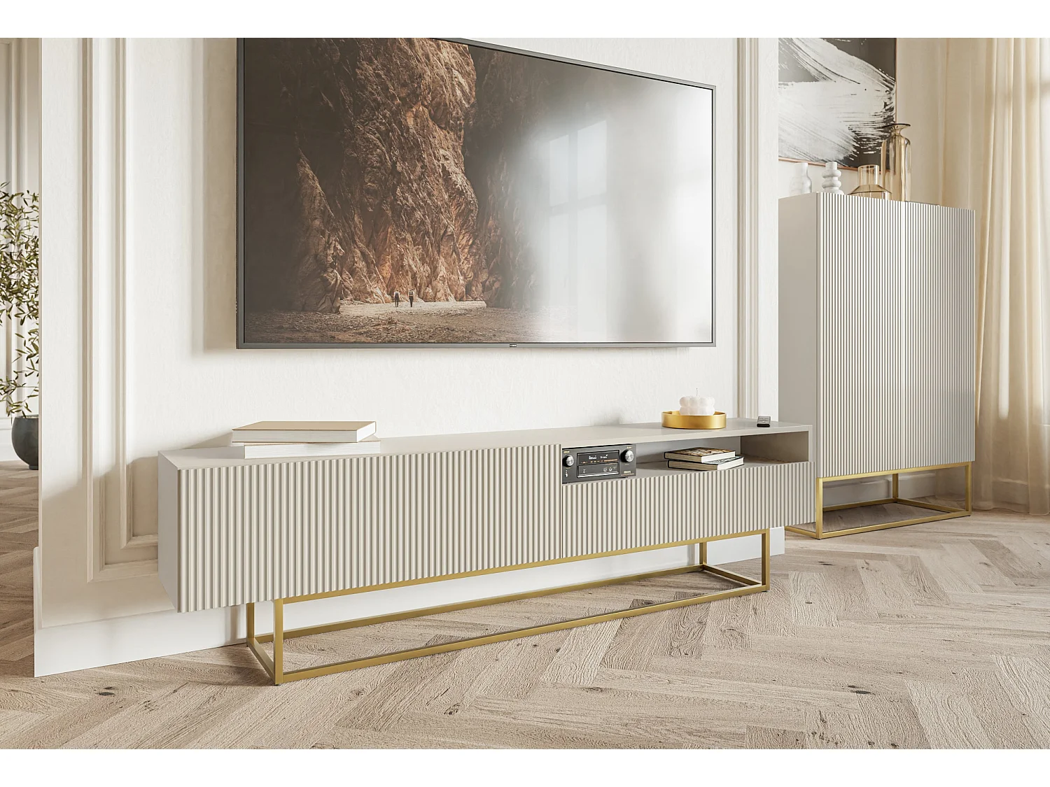 Meuble TV avec niche - 175 cm - taupe (gris-beige) sur pieds dorés - VELDIO