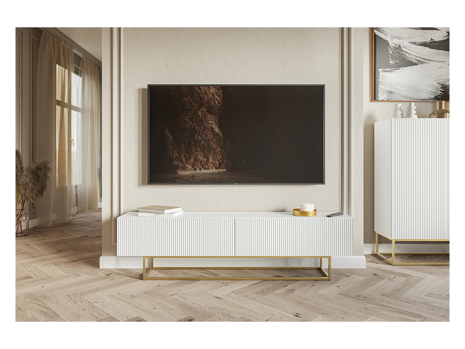 Meuble TV - 175 cm - blanc sur pieds dorés - VELDIO