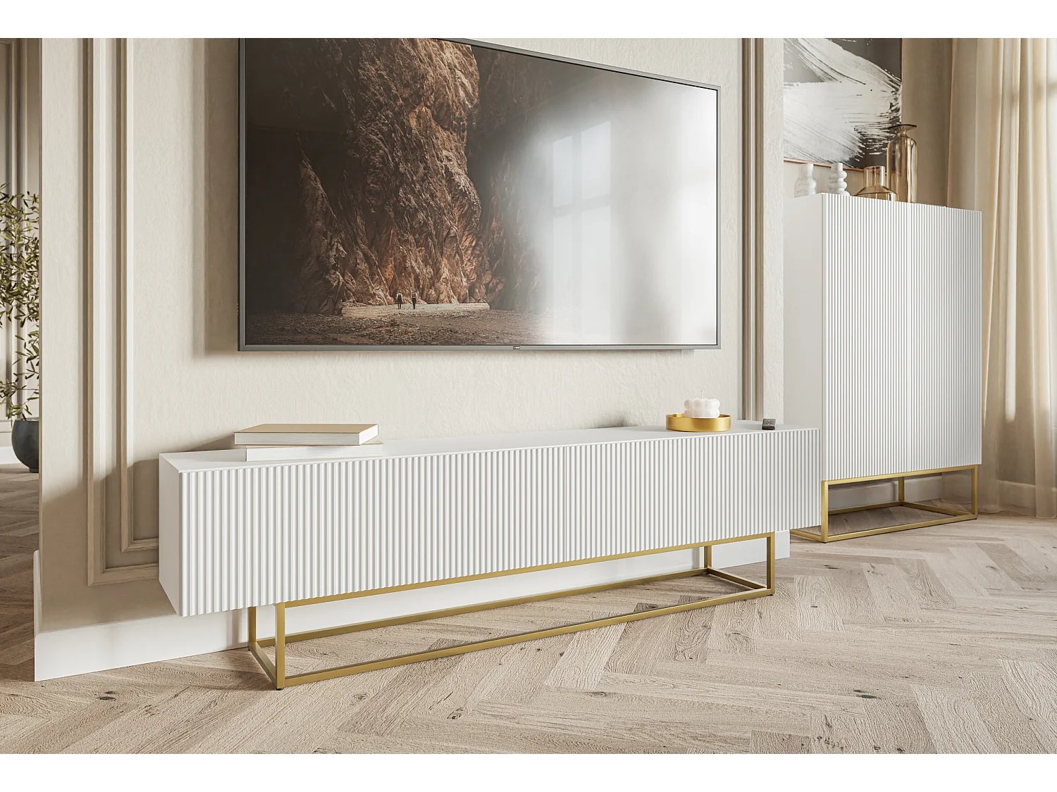 Meuble TV - 175 cm - blanc sur pieds dorés - VELDIO
