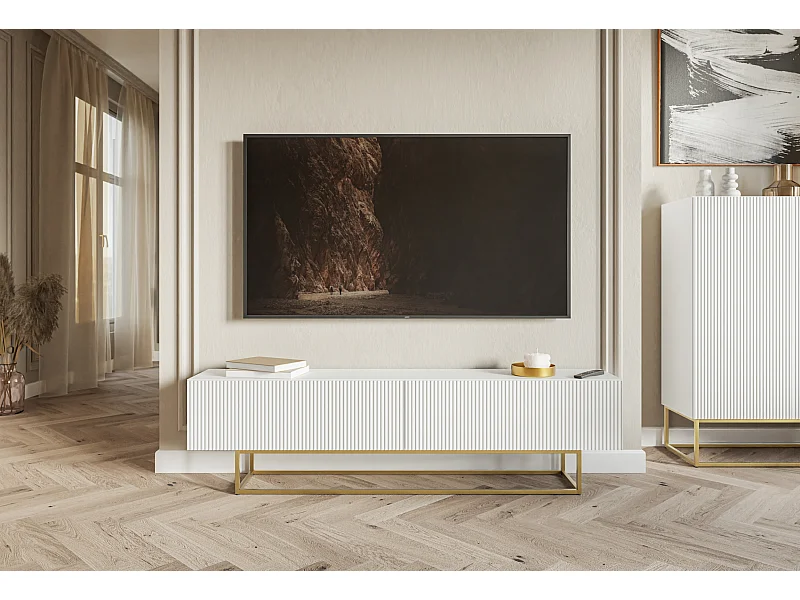 Meuble TV - 175 cm - blanc sur pieds dorés - VELDIO