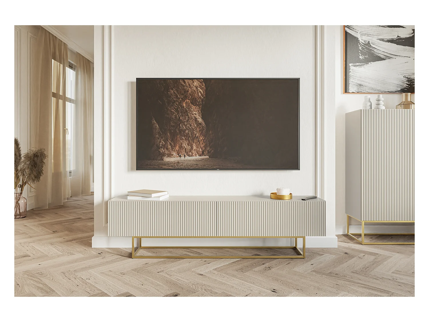 Meuble TV - 175 cm - taupe (gris-beige) sur pieds dorés - VELDIO