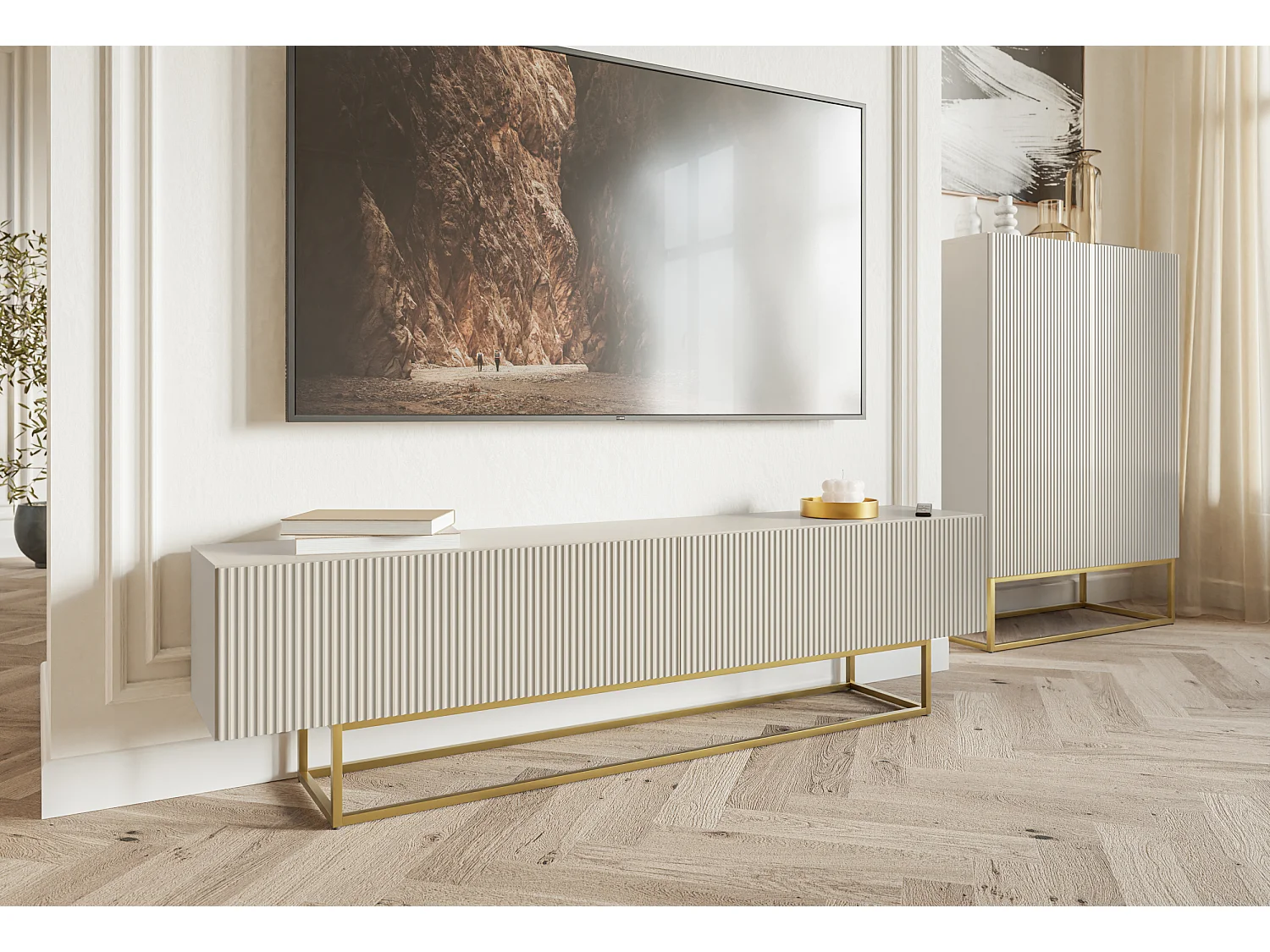 Meuble TV - 175 cm - taupe (gris-beige) sur pieds dorés - VELDIO