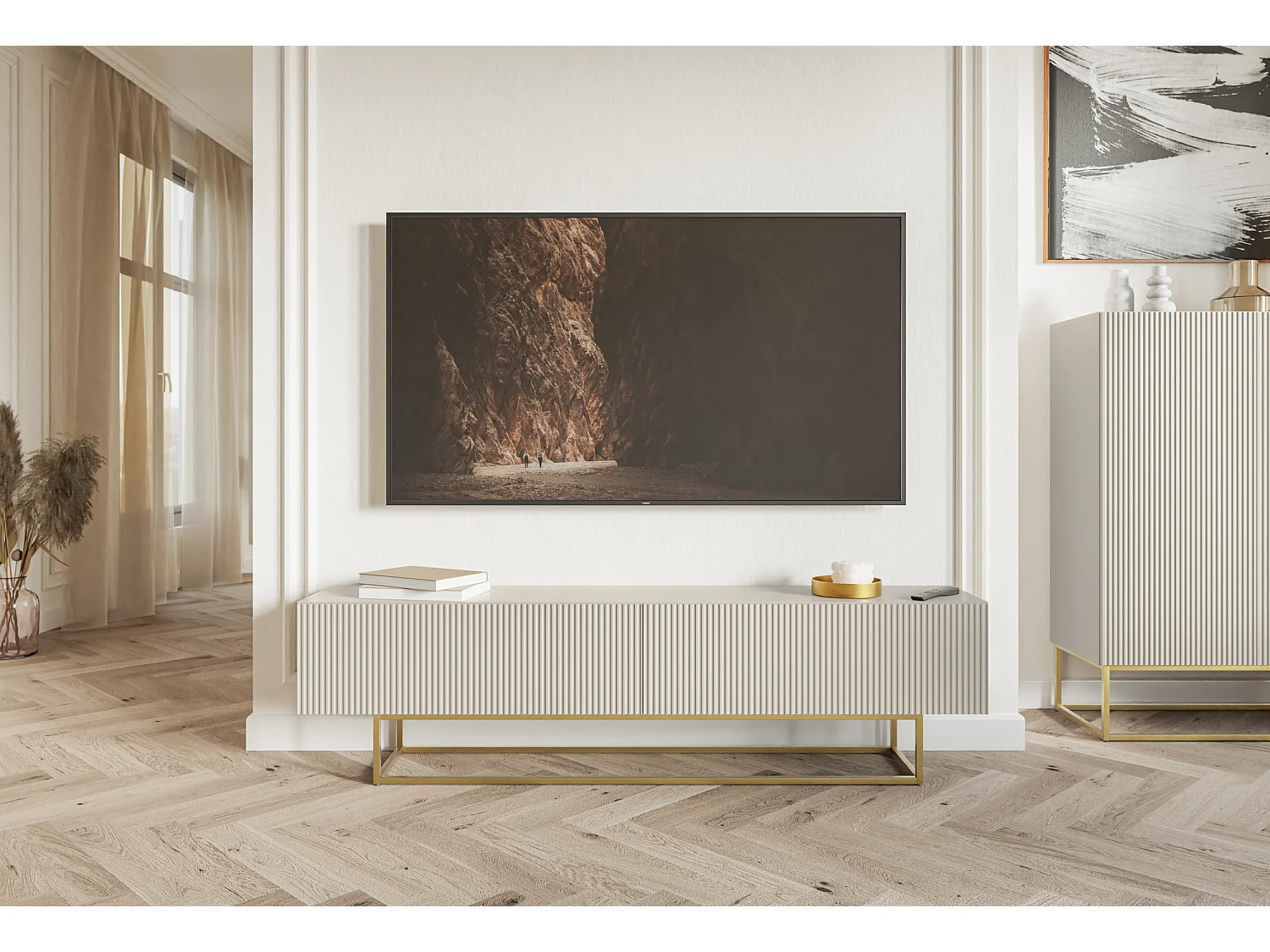 TV-meubel - 175 cm - taupe (grijsbeige) op gouden poten - VELDIO