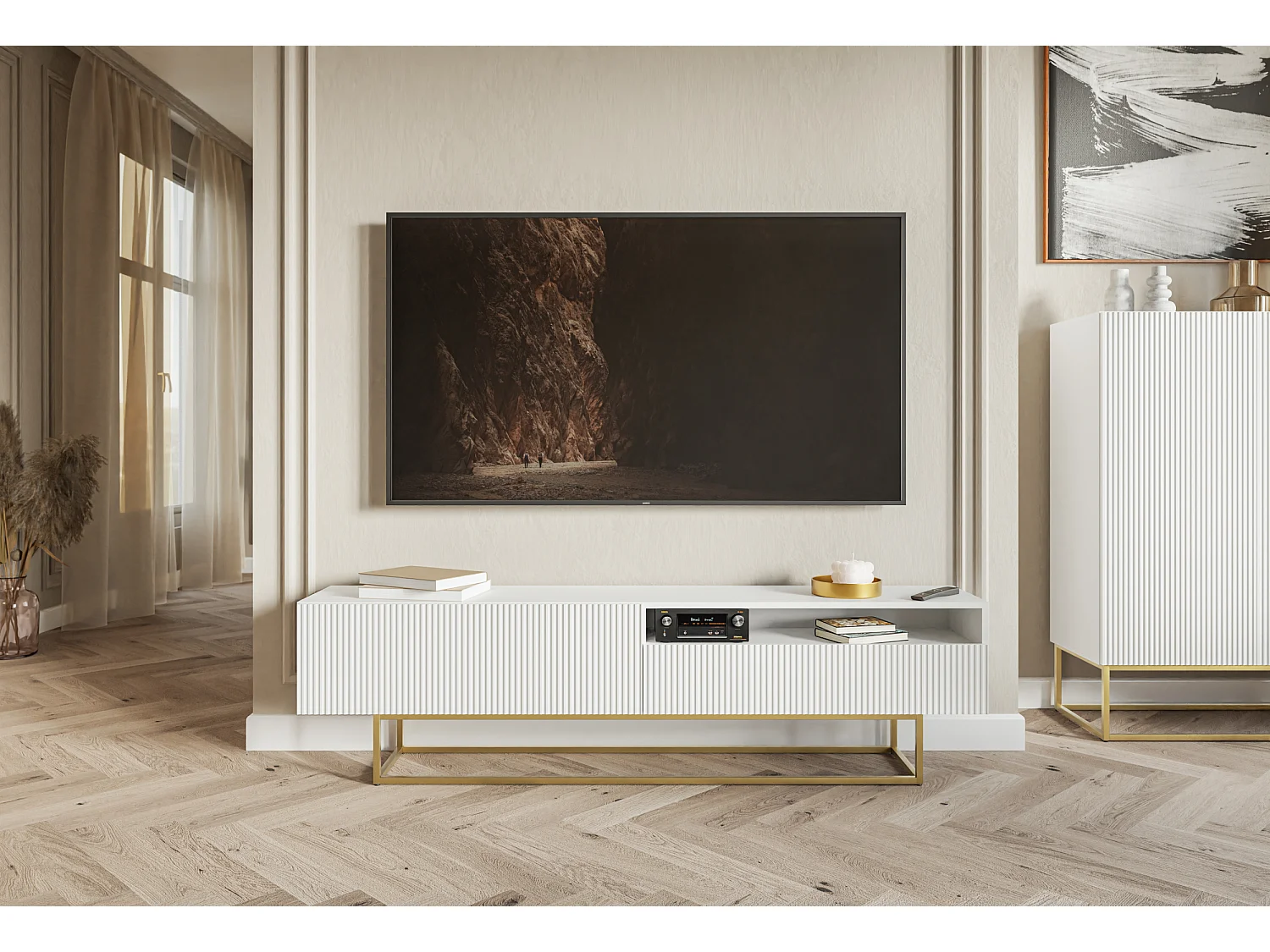 Mueble TV - con compartimento abierto - 175 cm - blanco con patas de metal dorado - VELDIO