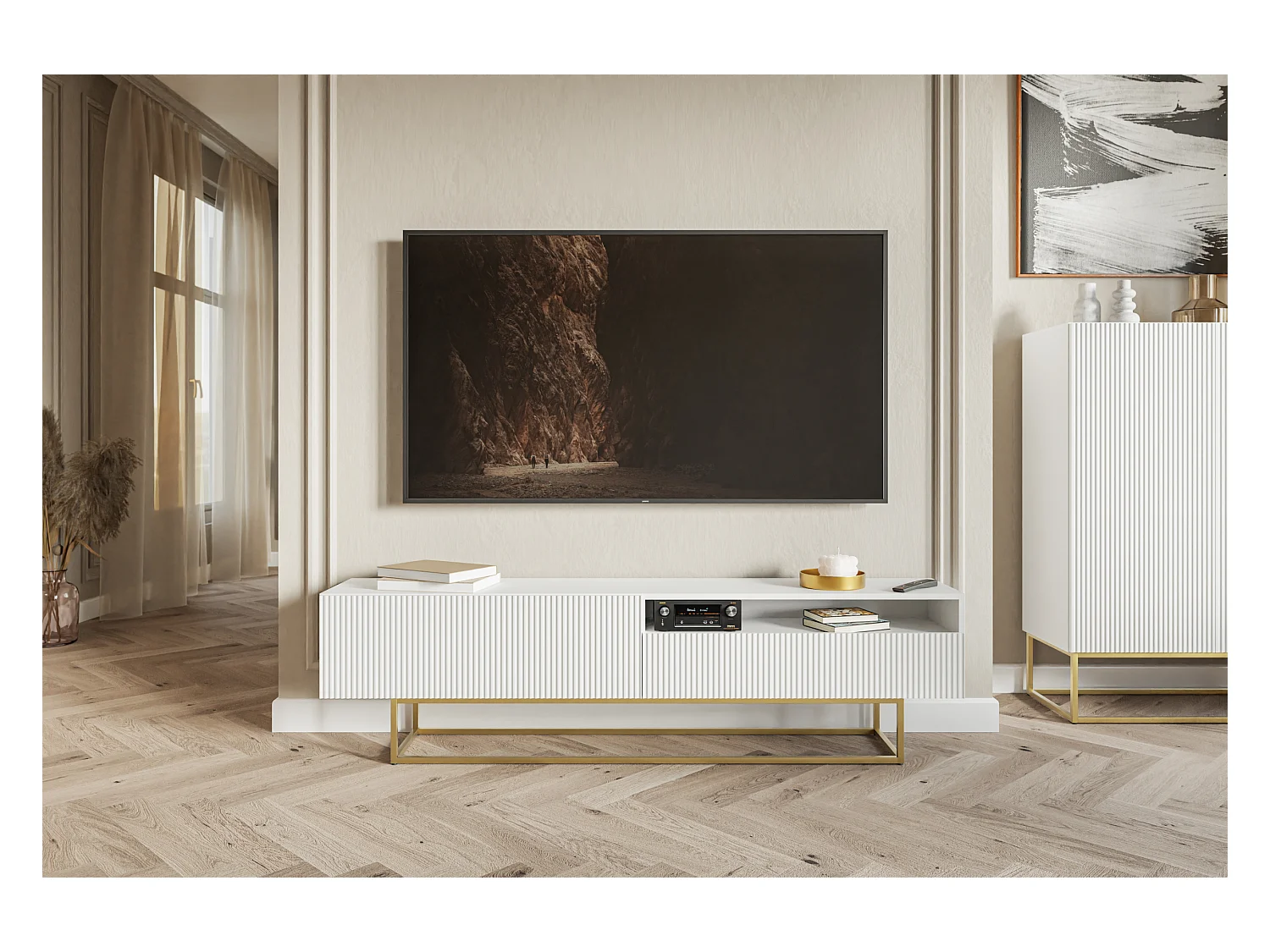 Meuble TV avec niche - 175 cm - blanc sur pieds dorés - VELDIO