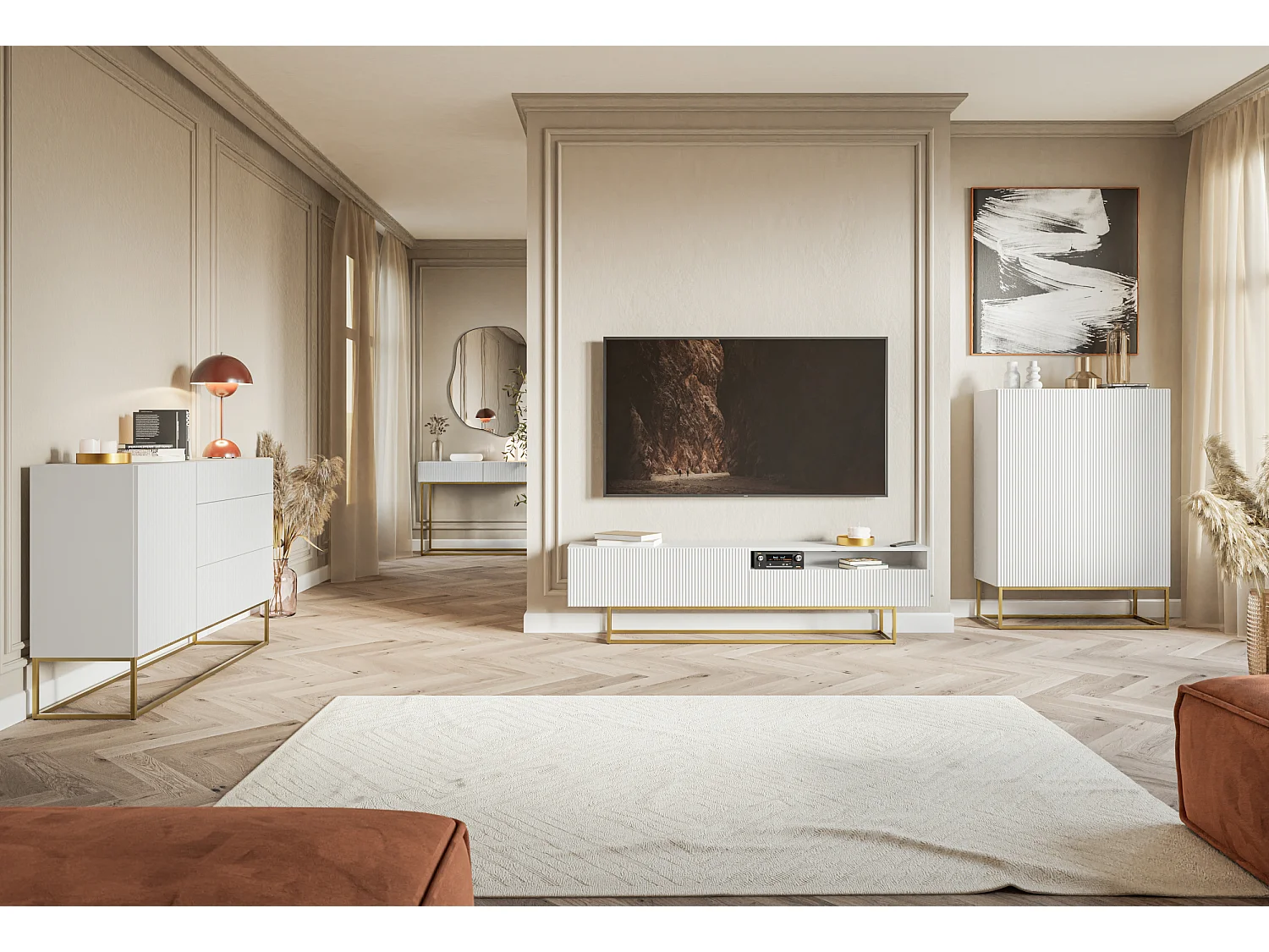 Meuble TV avec niche - 175 cm - blanc sur pieds dorés - VELDIO