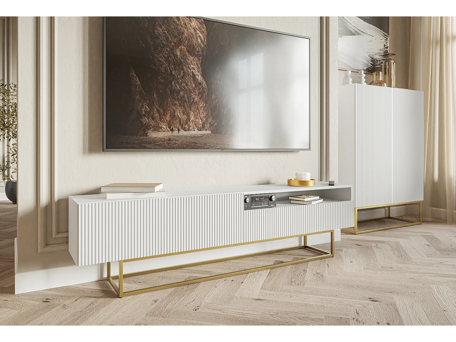 Meuble TV avec niche - 175 cm - blanc sur pieds dorés - VELDIO