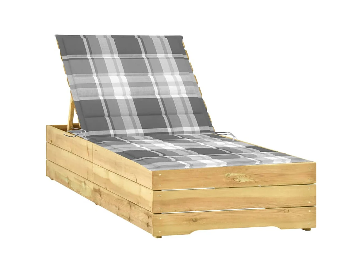 Chaise longue avec coussin carreaux gris Bois de pin imprégné