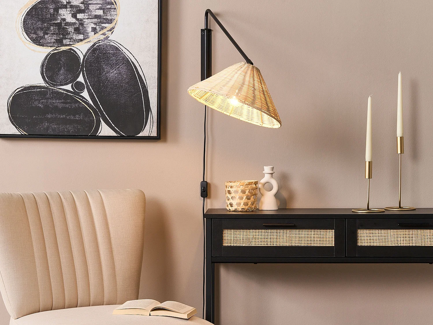 Wandleuchte Rattan natürlich 1-flammig Kegelform verstellbar Boho Palena