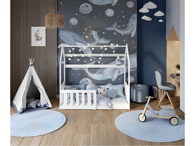 Lit Cabane LOFFY - Bois massif - 80x160 - Avec Sommier Blanc Livré avec sommiers