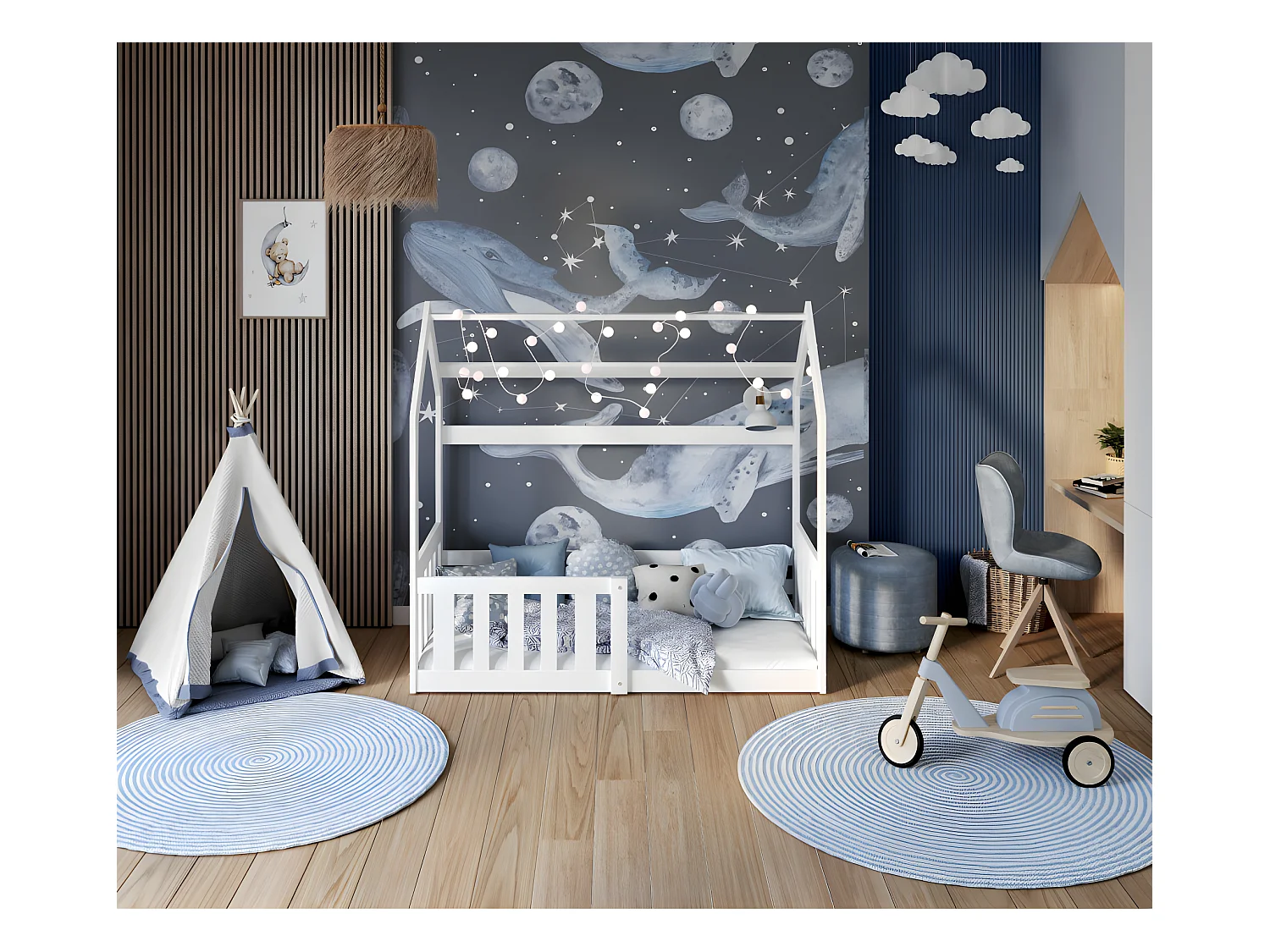 Lit Cabane LOFFY - Bois massif - 80x160 - Avec Sommier Blanc Livré avec sommiers