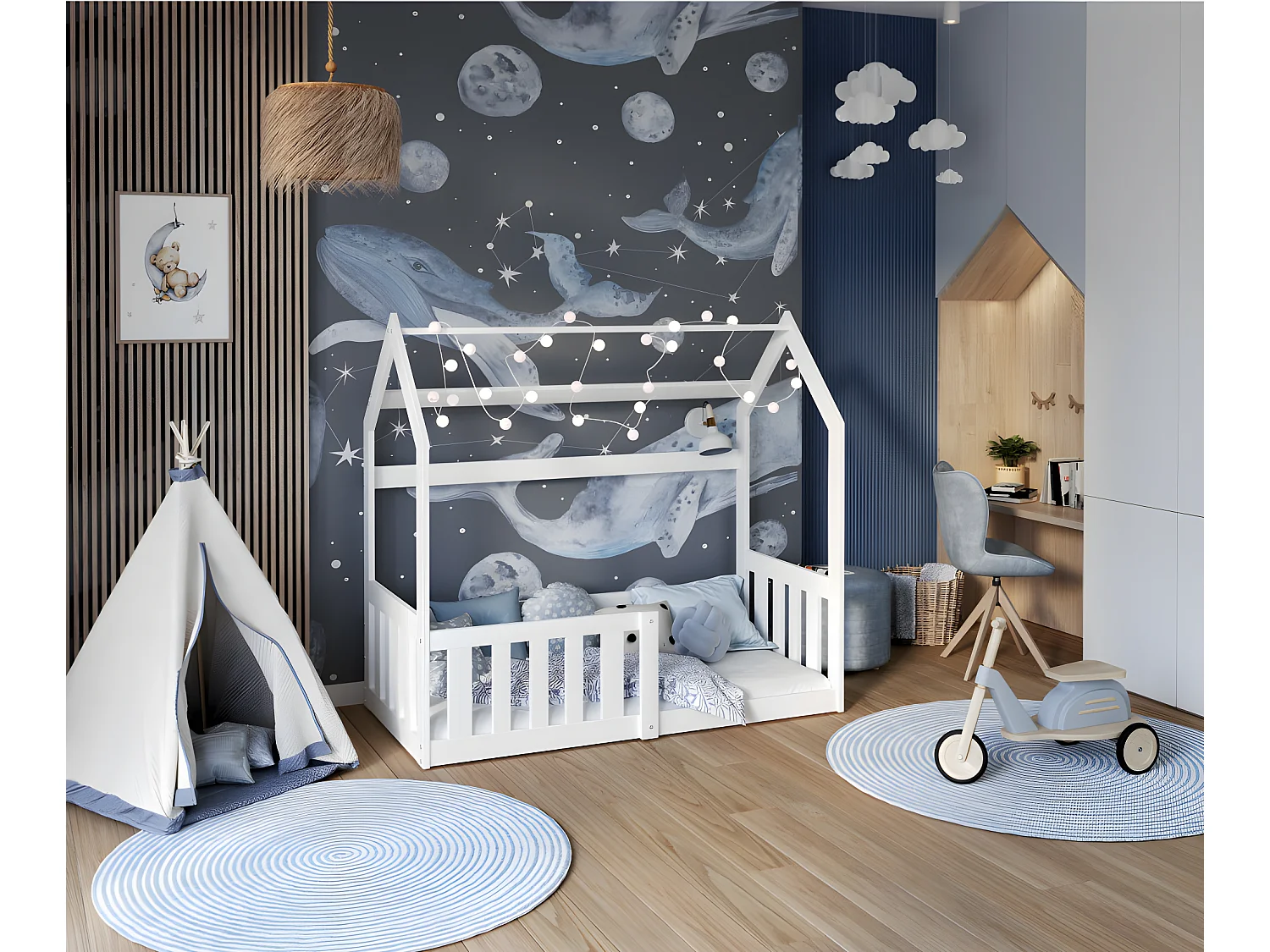 Lit Cabane LOFFY - Bois massif - 80x160 - Avec Sommier Blanc Livré avec sommiers