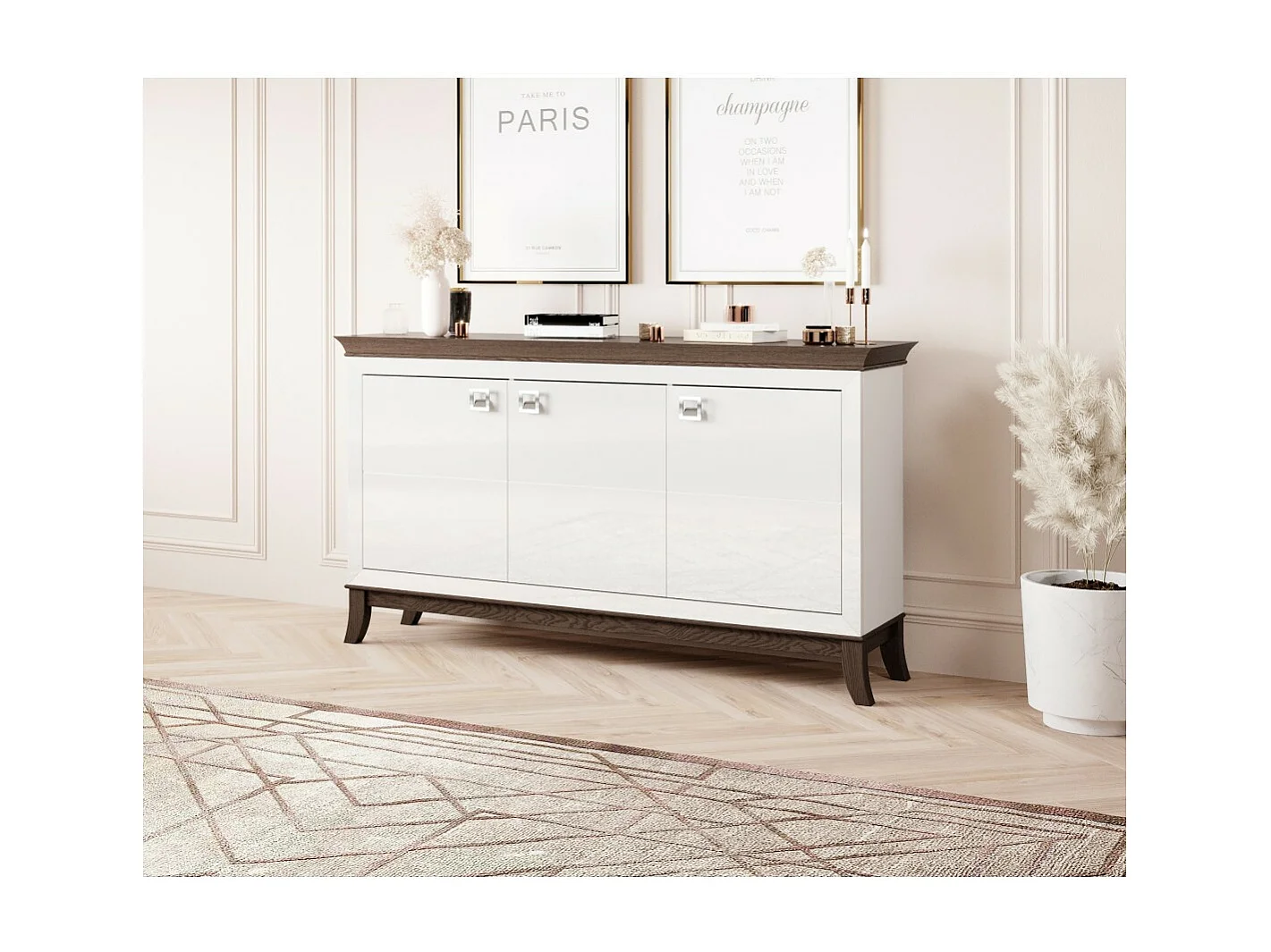 Buffet design 160cm pour salon couleur blanc et chêne foncé, collection PALACE.