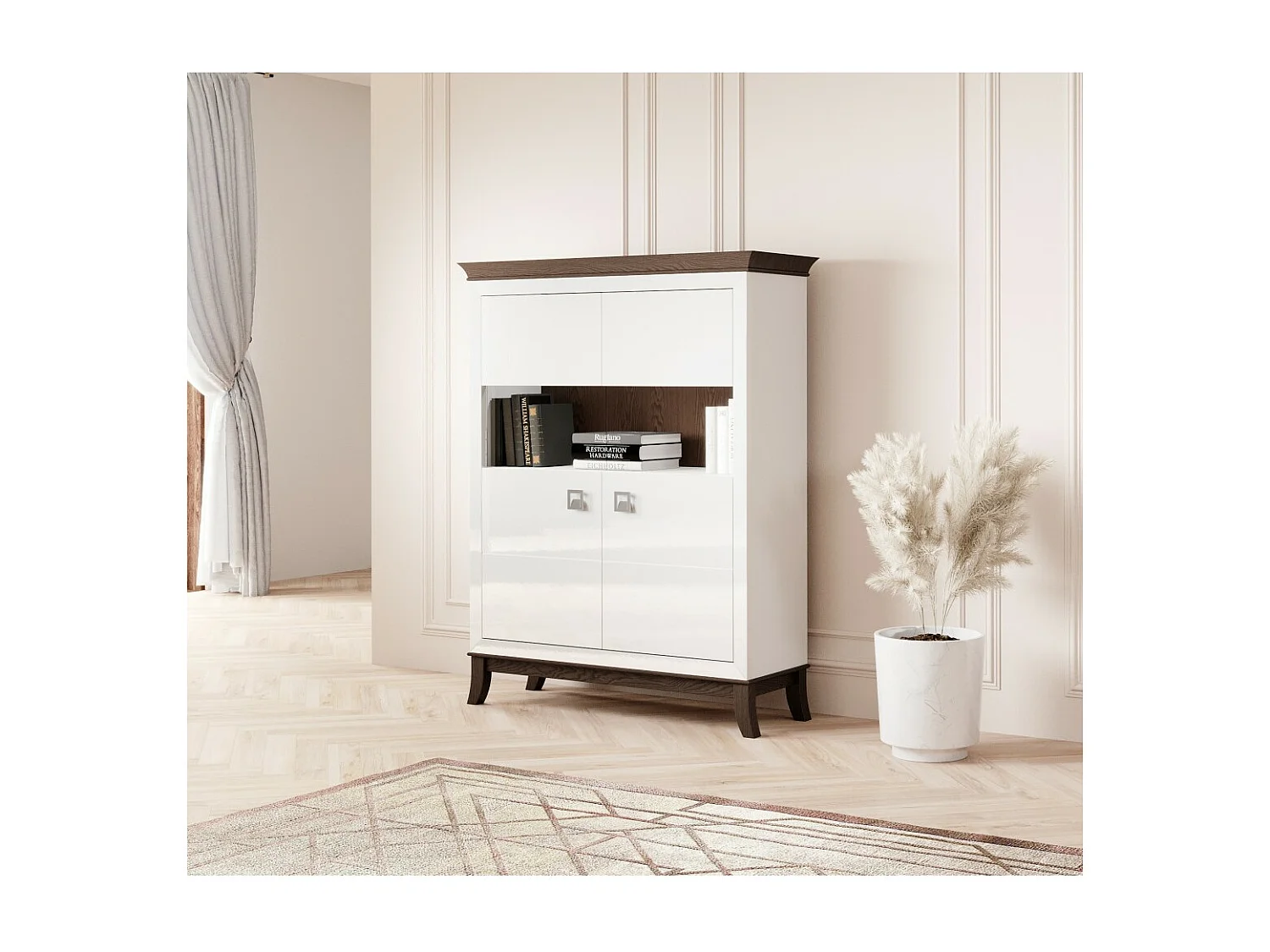 Hoog design buffet met 2 deuren voor woonkamer in witte en donkere eiken kleur, collectie PALACE