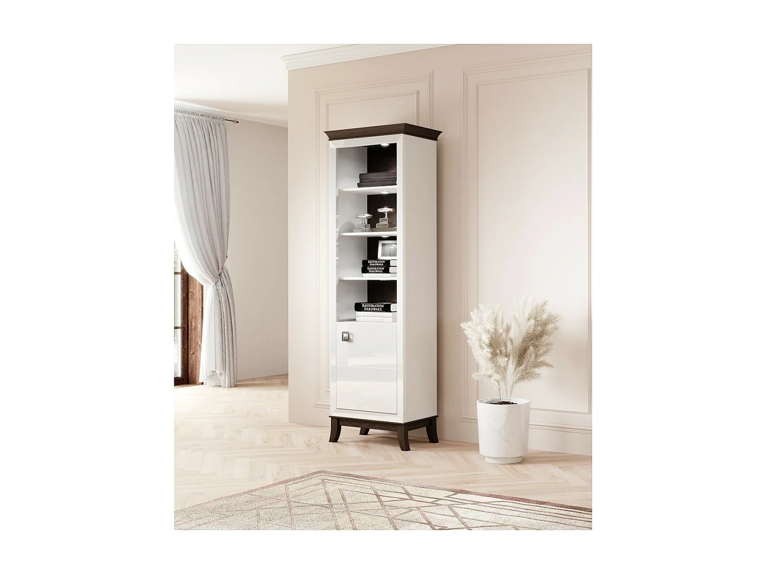 Vitrine mit einer unteren Tür, Kollektion PALACE. Farbe Weiß und dunkle Eiche.