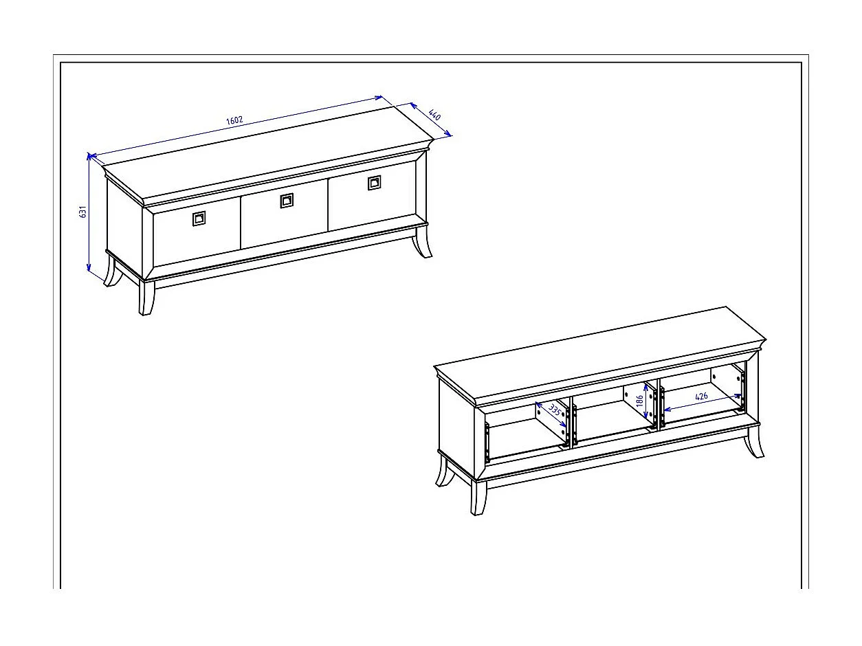 TV-Möbel 160cm, Kollektion PALACE, 3 Schubladen. Farbe Weiß und Eiche.