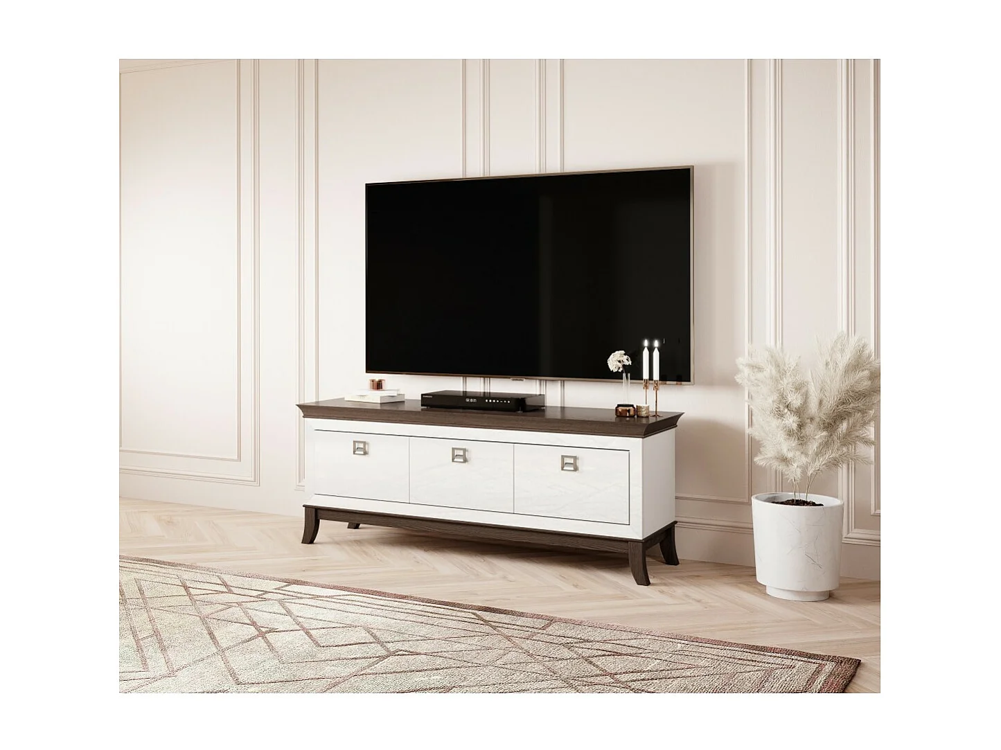 Meuble TV 160cm collection PALACE 3 tiroirs. Couleur blanc et chêne.