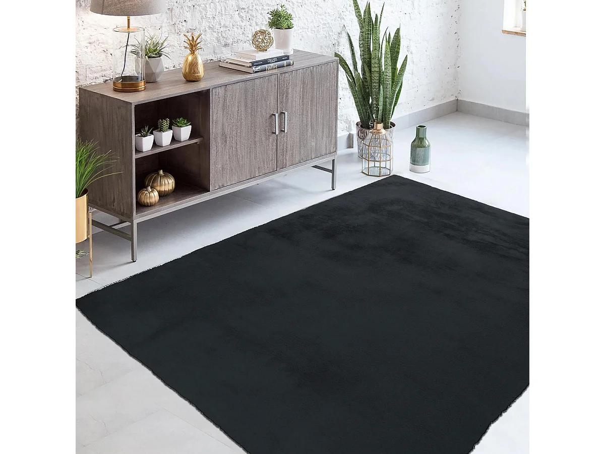 Tapis longs poils shaggy 160x230 rectangle fait à la main anthracite motif uni